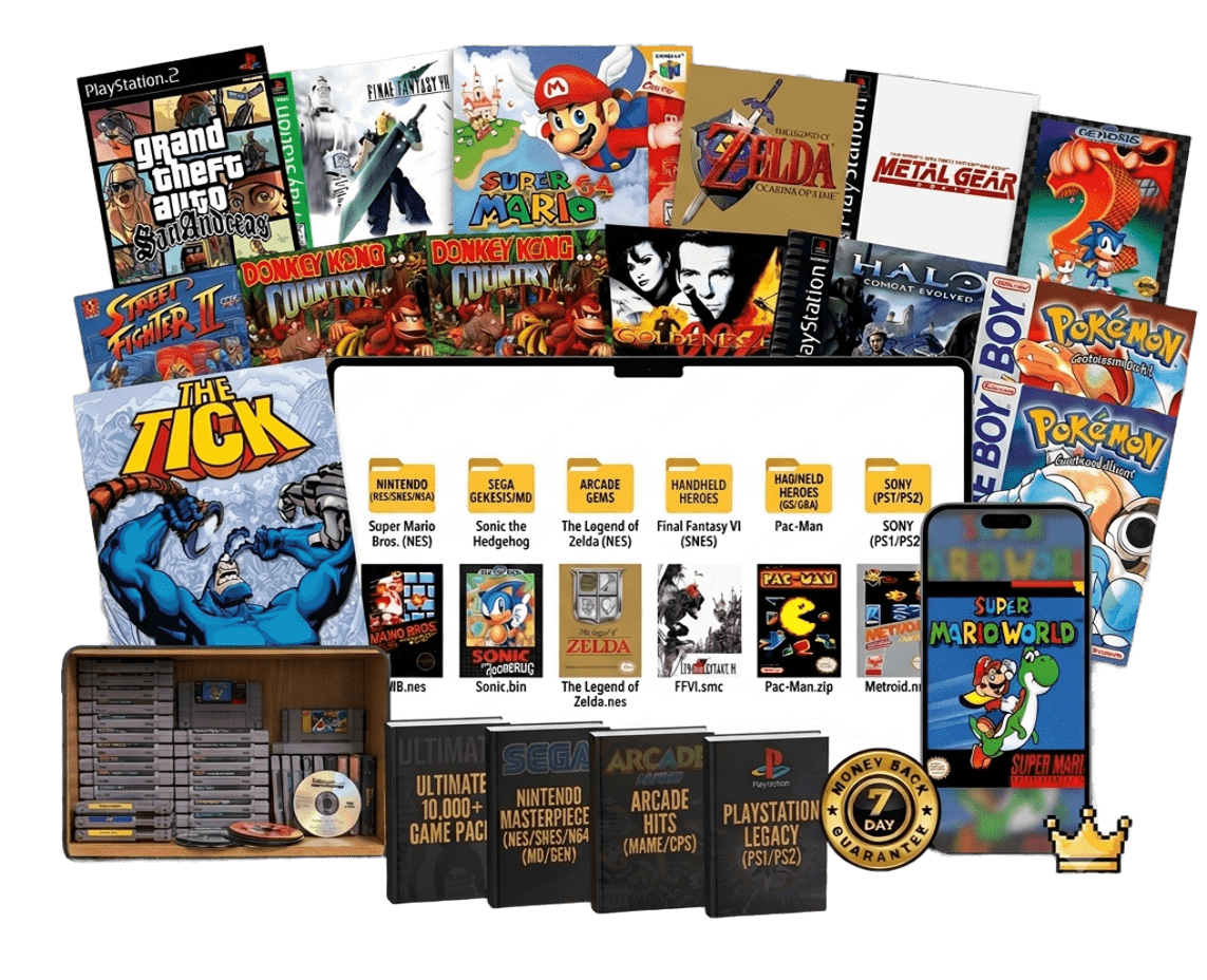 Retro Game Vault mockup on laptop, tablet and phone